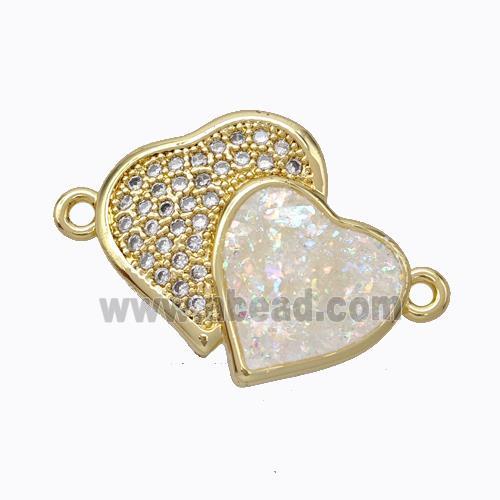 Copper Heart Connector Micropave Zirconia White Fire Opal Double 18K Gold Plated