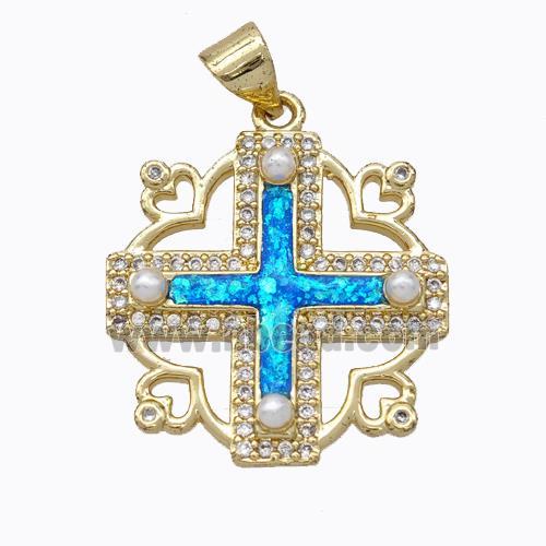 Copper Cross Pendant Pave Blue Fire Opal 18K Gold Plated