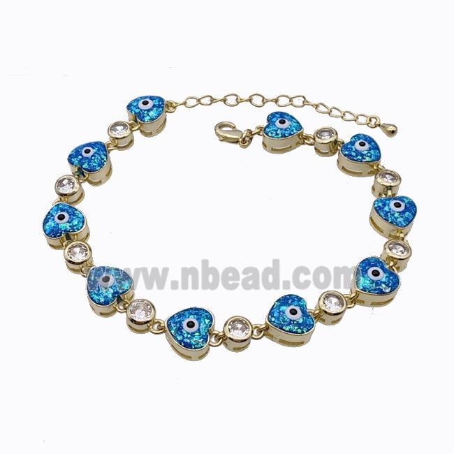 Copper Heart Bracelet Evil Eye Pave Blue Fire Opal 18K Gold Plated