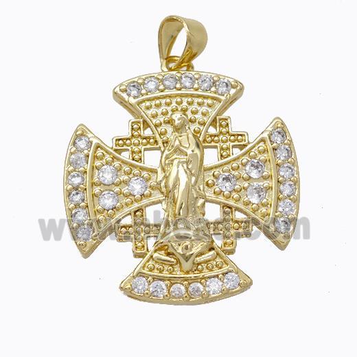 Copper Cross Pendant Pave Zirconia Virgin Mary Gold Plated