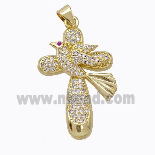 Copper Cross Pendant Pave Zirconia Birds Gold Plated