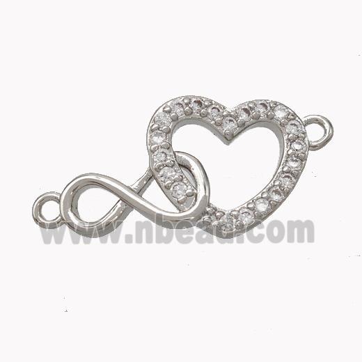 Copper Infinity Heart Connector Micropave Zirconia Platinum Plated