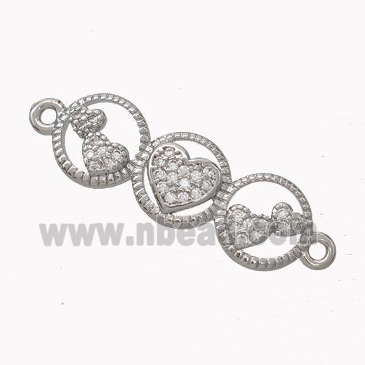 Heart Links Copper Connector Micropave Zirconia Platinum Plated