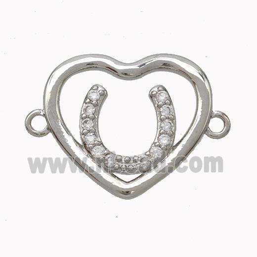 Copper Heart Connector Micropave Zirconia Horseshoe Platinum Plated