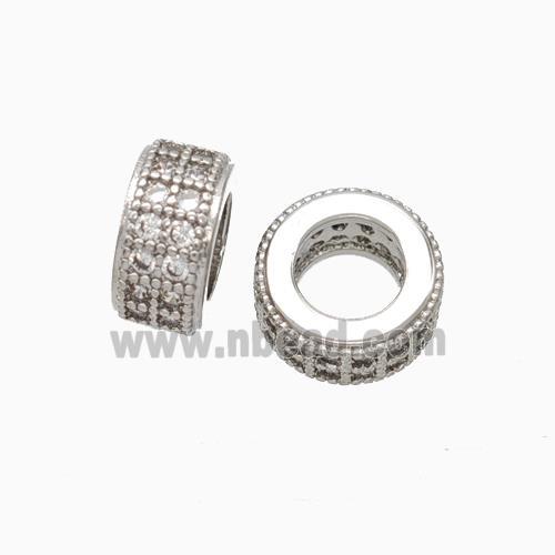 Copper Wheel Beads Micro Pave Zirconia Large Hole Rondelle Platinum Plated