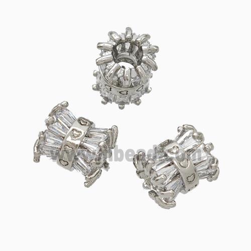 Copper Tube Beads Pave Zirconia Large Hole Platinum Plated