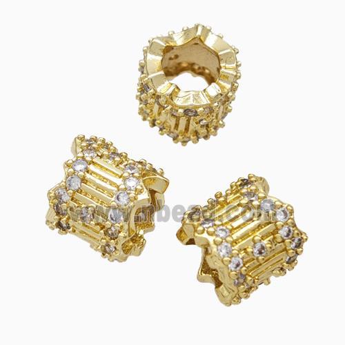 Copper Tube Beads Pave Zirconia Large Hole Gold Plated