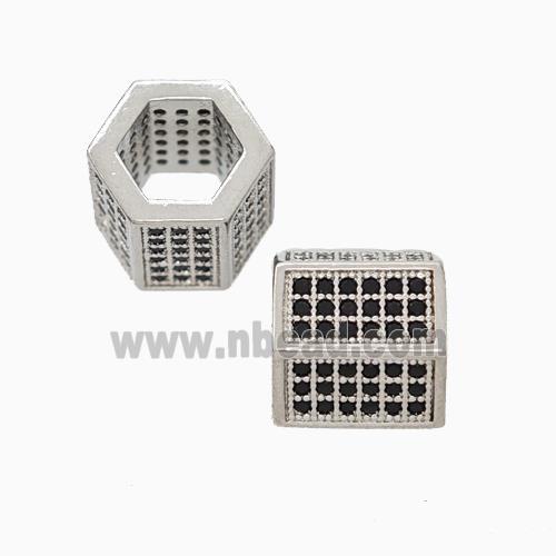 Copper Hexagon Tube Beads Micropave Zirconia Large Hole Platinum Plated