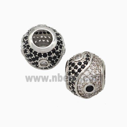 Copper Taichi Beads Micropave Zirconia Large Hole Round Platinum Plated