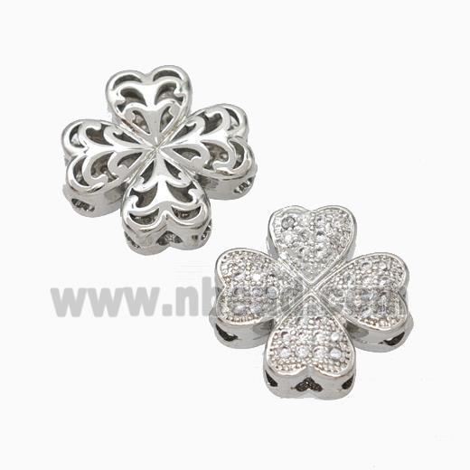 Copper Clover Beads Micropave Zirconia Platinum Plated