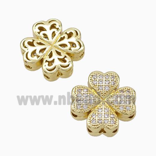 Copper Clover Beads Micropave Zirconia Gold Plated