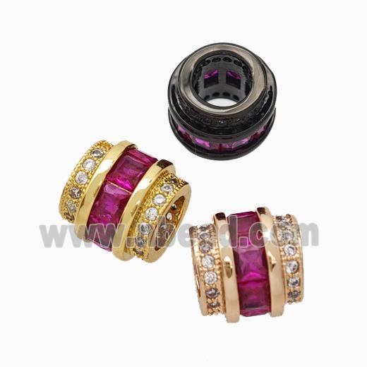 Copper Column Beads Pave Fuchsia Zirconia Large Hole Mixed