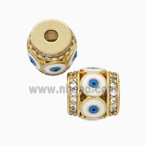 Copper Barrel Beads Pave Zirconia White Enamel Evil Eye Large Hole Gold Plated