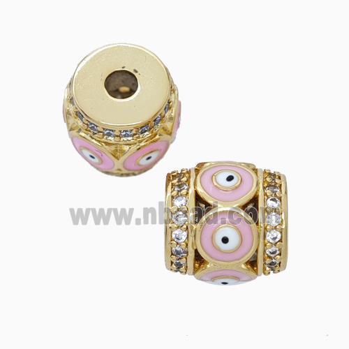 Copper Barrel Beads Pave Zirconia Pink Enamel Evil Eye Large Hole Gold Plated