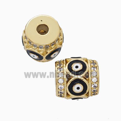 Copper Barrel Beads Pave Zirconia Black Enamel Evil Eye Large Hole Gold Plated