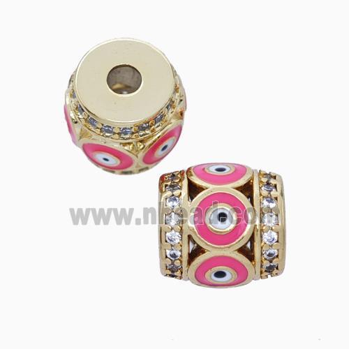 Copper Barrel Beads Pave Zirconia Pink Enamel Evil Eye Large Hole Gold Plated