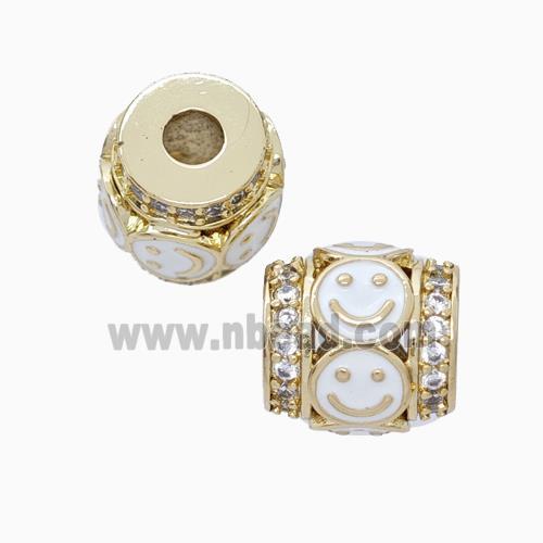 Copper Barrel Beads Pave Zirconia White Enamel Emoji Large Hole Gold Plated