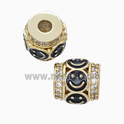 Copper Barrel Beads Pave Zirconia Black Enamel Emoji Large Hole Gold Plated