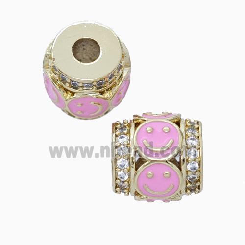 Copper Barrel Beads Pave Zirconia Pink Enamel Emoji Large Hole Gold Plated