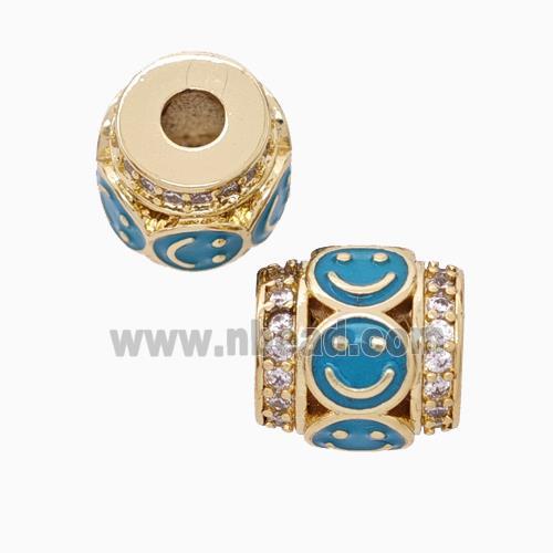 Copper Barrel Beads Pave Zirconia Teal Enamel Emoji Large Hole Gold Plated