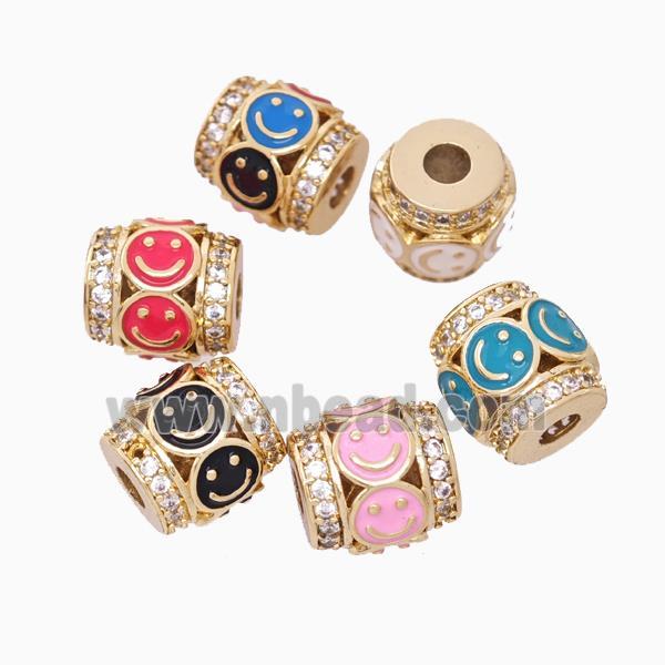 Copper Barrel Beads Pave Zirconia Enamel Emoji Large Hole Gold Plated Mixed