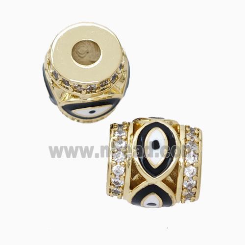 Copper Barrel Beads Pave Zirconia Black Enamel Eye Large Hole Gold Plated