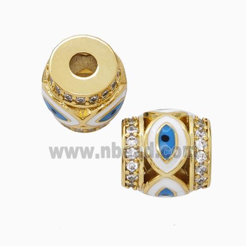 Copper Barrel Beads Pave Zirconia Blue Enamel Eye Large Hole Gold Plated