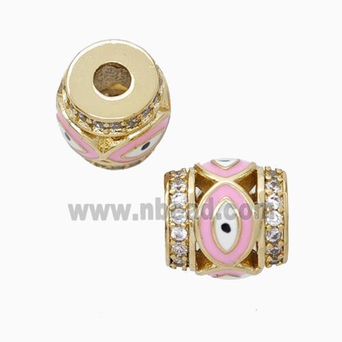 Copper Barrel Beads Pave Zirconia Pink Enamel Eye Large Hole Gold Plated