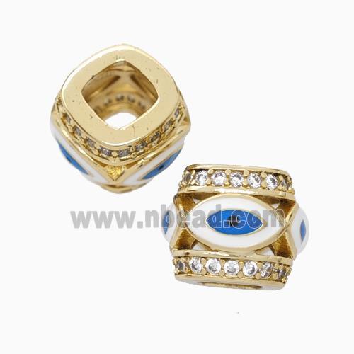 Copper Barrel Beads Pave Zirconia White Enamel Eye Large Hole Gold Plated