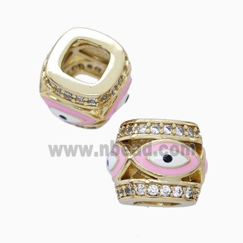 Copper Barrel Beads Pave Zirconia Pink Enamel Eye Large Hole Gold Plated