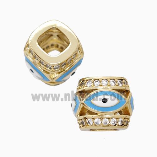 Copper Barrel Beads Pave Zirconia Blue Enamel Eye Large Hole Gold Plated