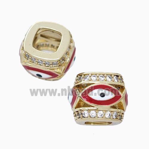 Copper Barrel Beads Pave Zirconia Red Enamel Eye Large Hole Gold Plated