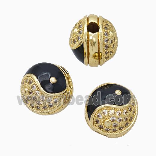 Copper Taichi Beads Pave Zirconia Black Enamel Round Large Hole Yinyang Gold Plated