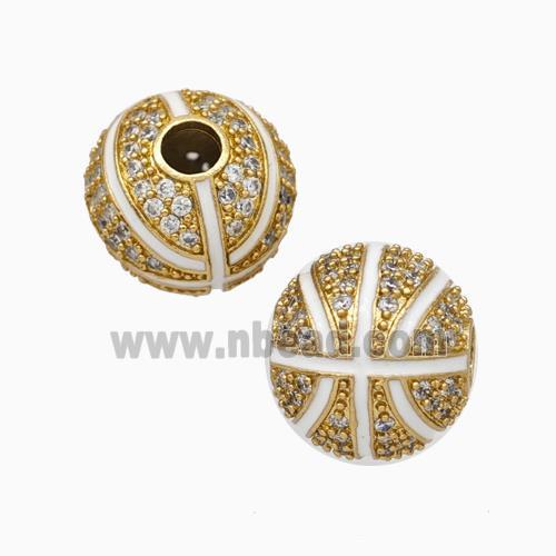 Copper Basketball Beads Pave Zirconia White Enamel Round Sport Gold Plated