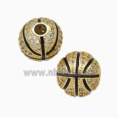 Copper Basketball Beads Pave Zirconia Black Enamel Round Sport Gold Plated