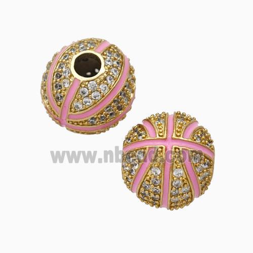 Copper Basketball Beads Pave Zirconia Pink Enamel Round Sport Gold Plated