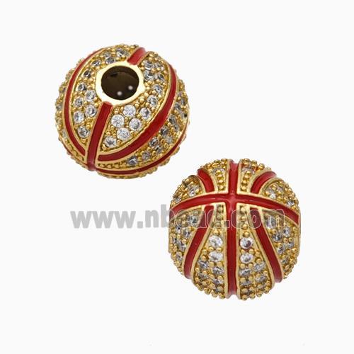 Copper Basketball Beads Pave Zirconia Red Enamel Round Sport Gold Plated