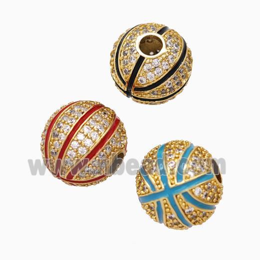 Copper Basketball Beads Pave Zirconia Enamel Round Sport Gold Plated Mixed