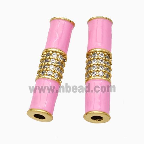 Copper Tube Beads Micropave Zirconia Pink Enamel White Enamel Gold Plated