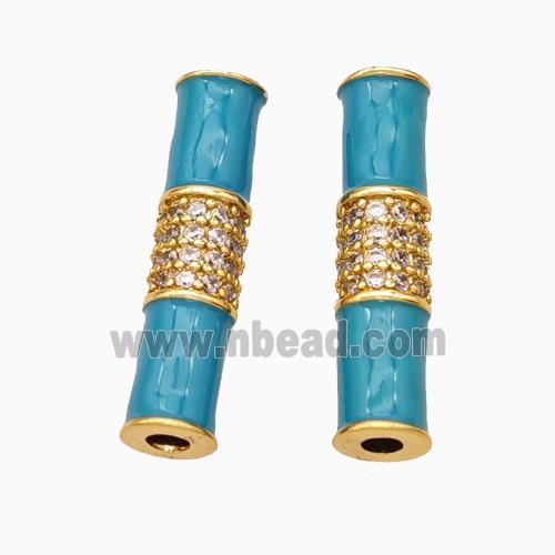 Copper Tube Beads Micropave Zirconia Teal Enamel White Enamel Gold Plated