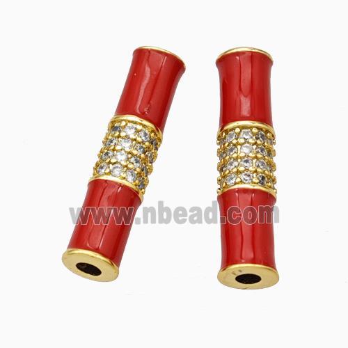 Copper Tube Beads Micropave Zirconia Red Enamel White Enamel Gold Plated