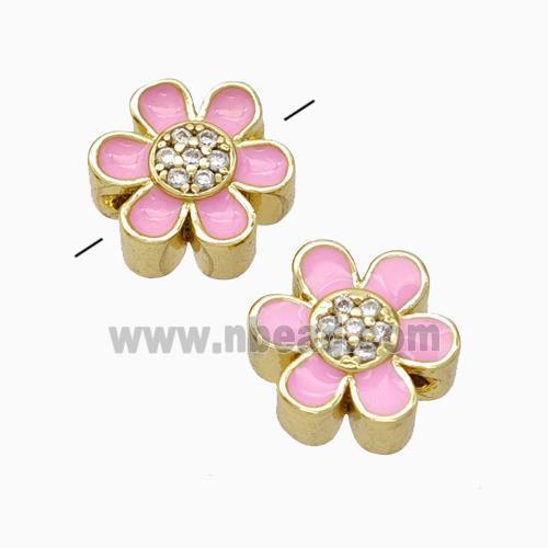 Copper Flower Beads Micropave Zirconia Pink Enamel Gold Plated