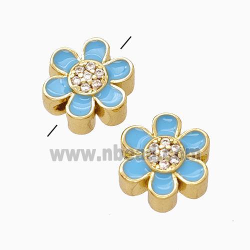 Copper Flower Beads Micropave Zirconia Blue Enamel Gold Plated