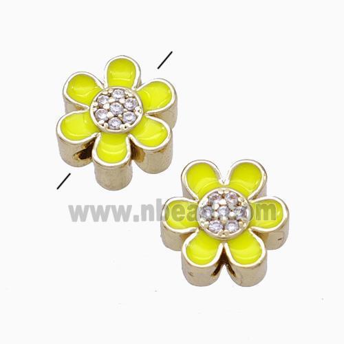 Copper Flower Beads Micropave Zirconia Yellow Enamel Gold Plated