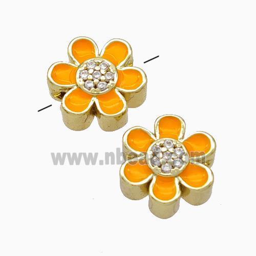 Copper Flower Beads Micropave Zirconia Orange Enamel Gold Plated