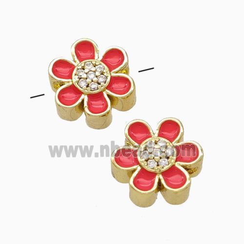 Copper Flower Beads Micropave Zirconia Red Enamel Gold Plated