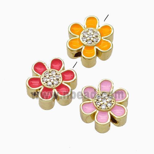 Copper Flower Beads Micropave Zirconia Enamel Gold Plated Mixed