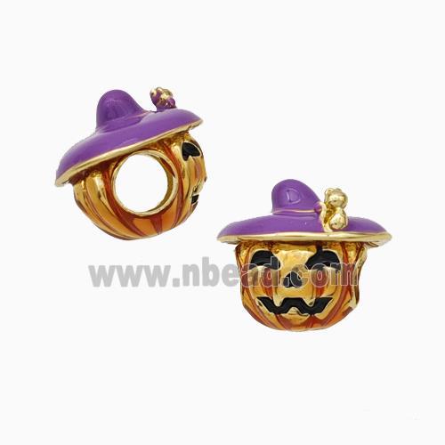 Halloween Witch Charms Copper Beads Purple Enamel Large Hole Gold Plated