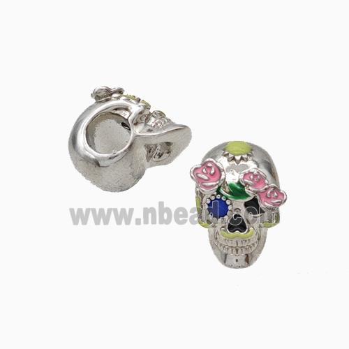 Halloween Skull Charms Copper Beads Pave Zirconia Enamel Large Hole Platinum Plated