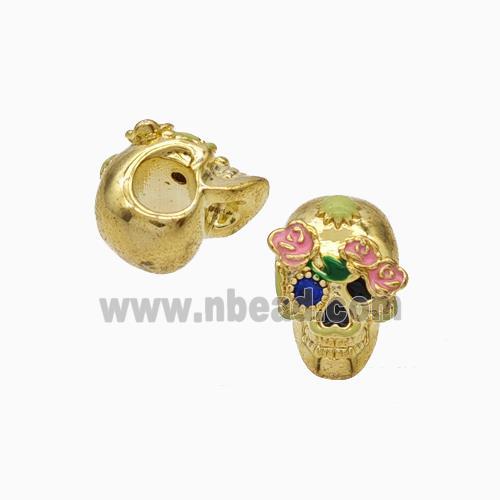 Halloween Skull Charms Copper Beads Pave Zirconia Enamel Large Hole Gold Plated